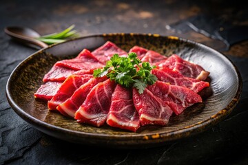 Raw horse meat, Basashi sashimi, shines under the night's glow. Japanese cuisine's bold beauty, expertly photographed.