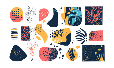 Grainy cute organic abstract shapes vector set. Colorful hand drawn, doodles, linocut style,  painting nature, minimal leaves and rocks. Abstract plant elements,  doodle.