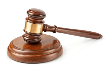 Wooden judge gavel isolated on white background, law and justice concept, legal authority, courtroom decision, law symbol"