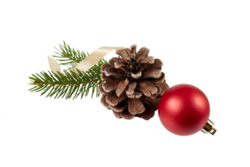 christmas decoration ornament with fire branches, pine cone and red ribbon bow isolated on white or transparent png