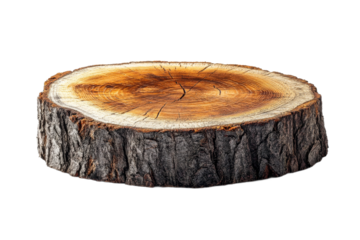 Wooden tree stump with rings on transparent background