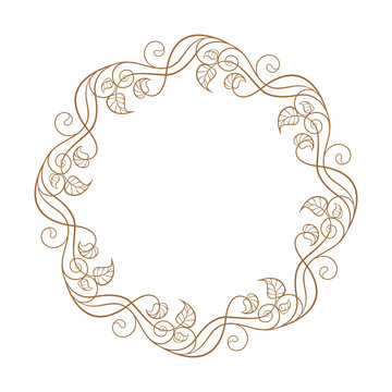 Intricate circular vintage round frame design that features elegant ivy leaves, stems ans swirls