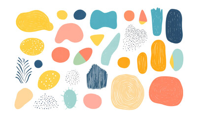 Grainy cute organic abstract shapes vector set. Colorful hand drawn, doodles, linocut style,  painting nature, minimal leaves and rocks. Abstract plant elements,  doodle.