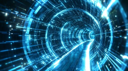 Futuristic digital tunnel with glowing blue lines and data particles
