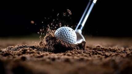 A golf ball hitting out of the sand with a golf club