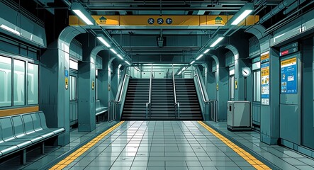 Obraz premium Underground subway station with stairs building design on manga design illustration background
