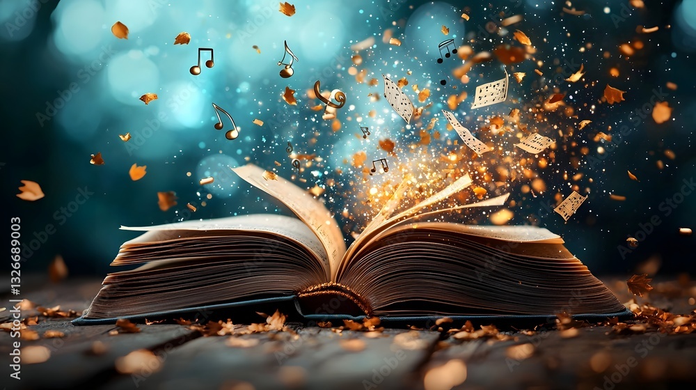 Poster captivating image of an open book where musical notes instruments and a symphony of sound appear to 