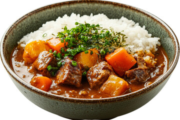 Hearty beef stew served with rice and vegetables