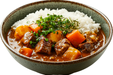 Hearty beef stew served with rice and vegetables