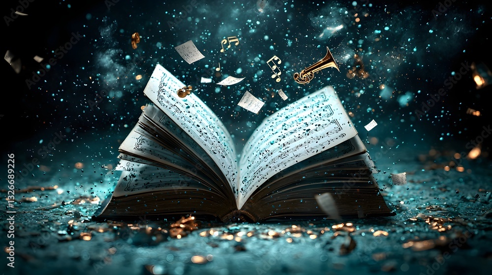 Poster a captivating digital showcasing a magical scene where musical notes and instruments emerge from the