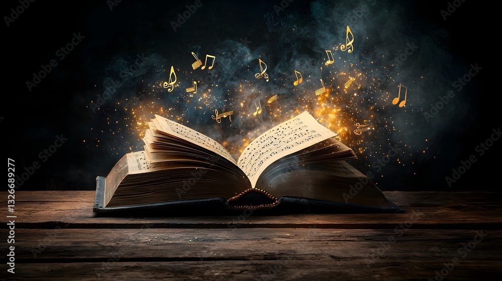 Aufkleber a surreal and captivating photograph depicting an open book from which a glowing symphony of musical