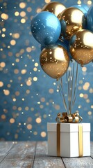 Festive celebration with golden and blue balloons beside a gift box on a wooden table during a party atmosphere