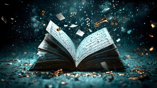 A captivating digital showcasing a magical scene where musical notes and instruments emerge from the pages of an open book forming a mesmerizing glowing symphony in the air