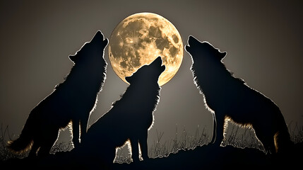 Three wolves howl at a bright full moon against a dark sky, creating a dramatic and mystical scene.