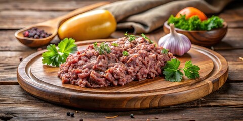 Traditional German dish made from ground meat and served on a wooden platter