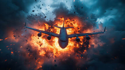 realistic photo of burning plane flying through explosion, surrounded by dark clouds and fiery debris, creating dramatic and intense scene