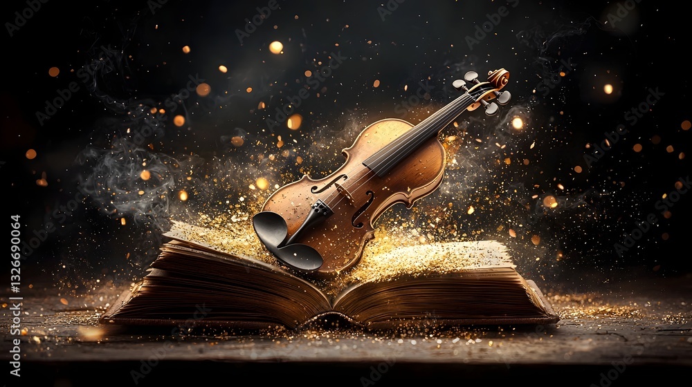 Aufkleber photograph depicting an open book where a magical violin plays on its own sending waves of golden me