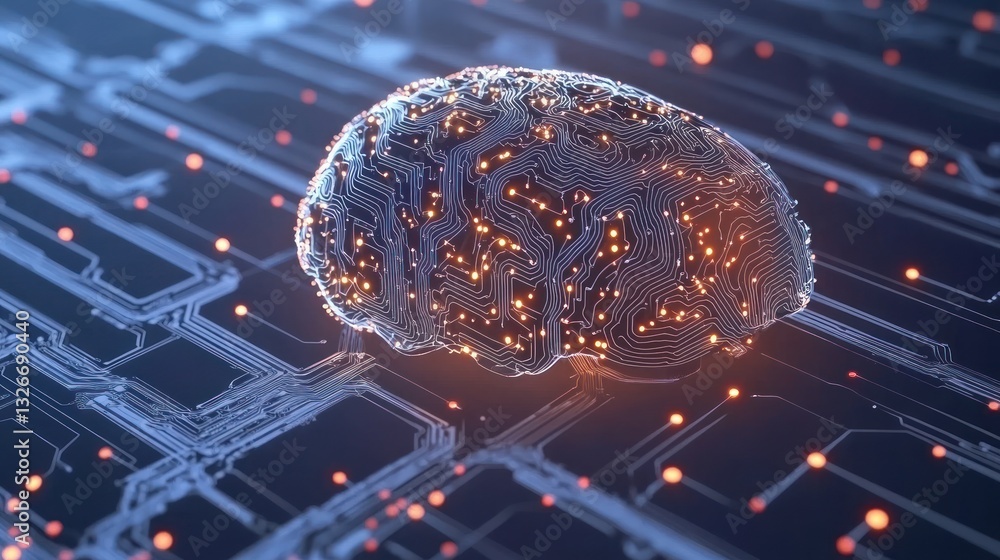 Poster innovative digital brain with circuits and glowing lights, symbolizing advanced artificial intellige