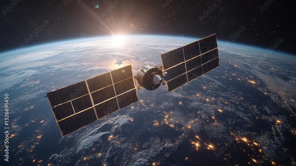 Poster A satellite equipped with solar panels orbits Earth while transmitting telemetry data, contributing to global navigation systems and signal tracking. The sun rises in the background.