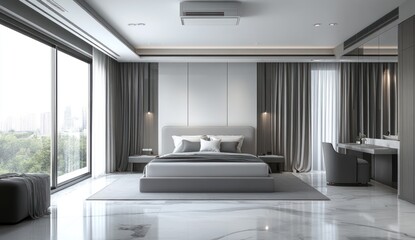 Modern interior bedroom with a large bed and large windows