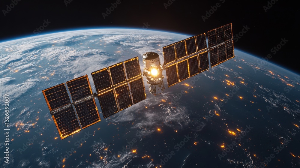 Poster a satellite is positioned in geostationary orbit, utilizing solar panels to harness energy while tra