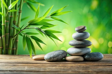 Serene spa ambiance:  smooth stones, calming bamboo, wooden base, verdant green background.