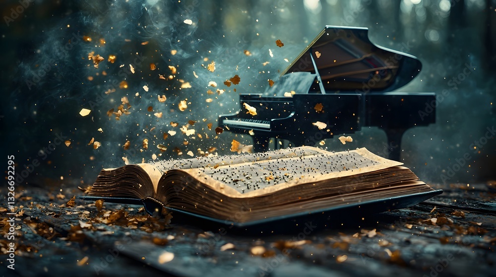 Poster a captivating and surreal image of a grand piano levitating from the pages of an open book its keys 