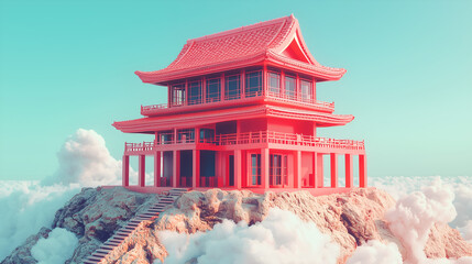 A vibrant, traditional Asian-style building perched atop clouds, showcasing unique architecture against a colorful sky.