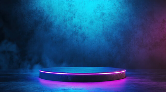 stylish podium with blue and pink backlighting creates dramatic atmosphere, perfect for presentations or performances. vibrant colors enhance visual appeal and set engaging mood