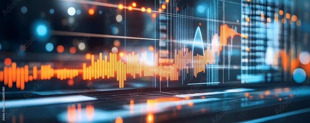 Poster Financial data analysis displaying glowing charts and graphs on digital screen
