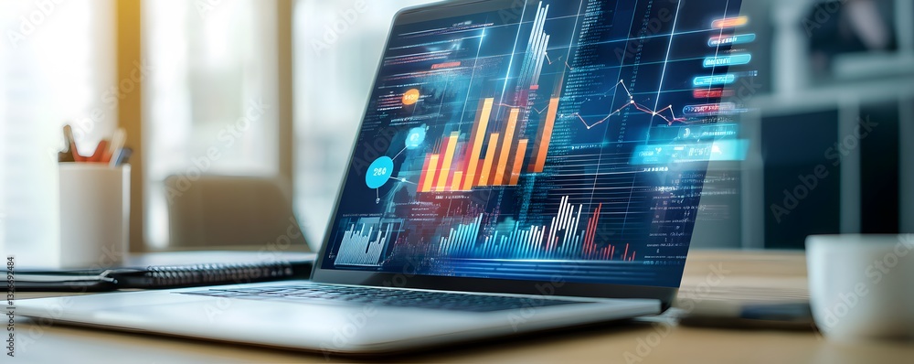 Poster Laptop showing growing statistics, graphs and data analytics in office setting