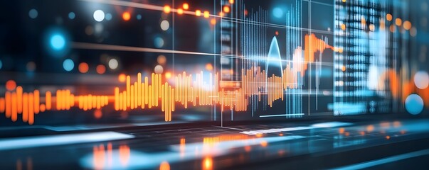 Financial data analysis displaying glowing charts and graphs on digital screen