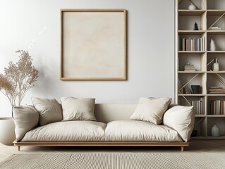 Scandinavian Minimalist Living Room Design with Soft Neutral Tones and White Wall Poster Mockup