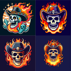 collection of cowboy skulls with fire