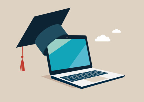 Online education. Laptop with graduate hat. Flat vector illustration