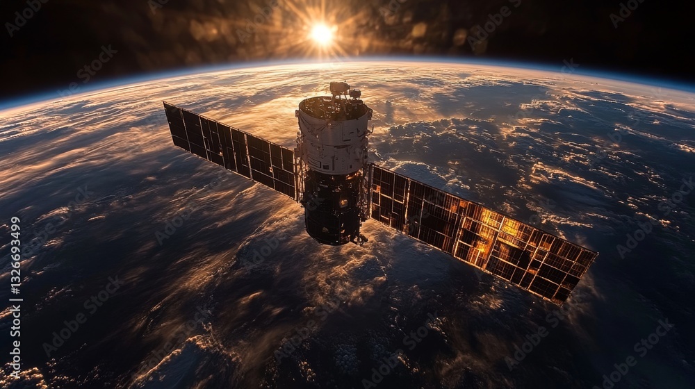 Poster a spacecraft orbits earth, transmitting data as the sun rises on the horizon, illuminating its solar