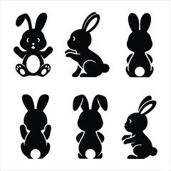 Cute Bunny Silhouette Set. Rabbit Clipart, Easter Animal, and Wildlife Vector.