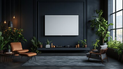 LED TV blank white screen mounted on a dark grey wall, creating a sleek and modern look, Mockup Led screen, 3D rendering, Full HD, 32k Resolution