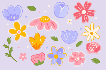 Hand-Drawn Colorful Flower Set on Pastel Background for Stickers, Greeting Cards, Digital Projects