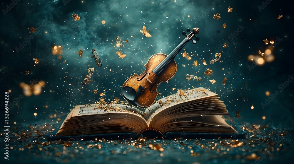 Poster an open book revealing a surreal dreamscape where musical instruments float and perform a captivatin
