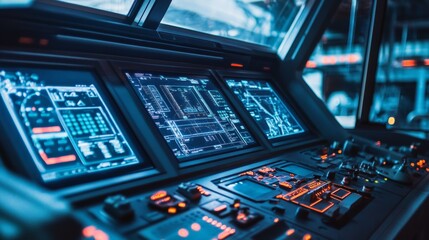 Futuristic control panel with holographic screens and data interfaces
