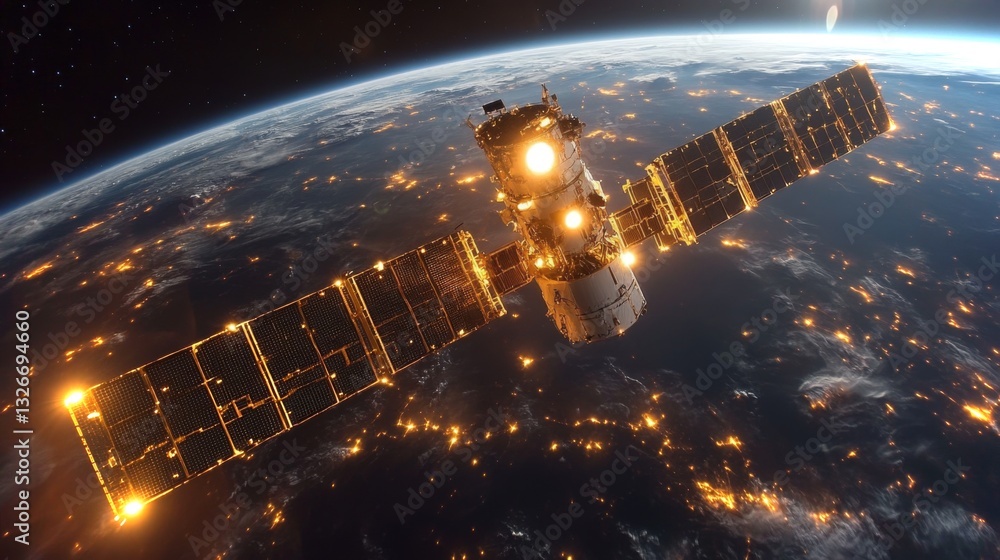 Poster A sophisticated satellite orbits Earth, utilizing advanced technology to send and receive telemetry and positioning signals. It plays a vital role in global tracking and navigation systems.