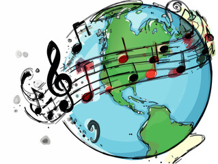 a picture of the earth with music notes around it and a globe with music notes around it