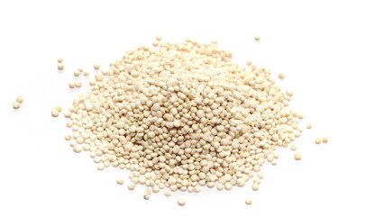Pile of raw quinoa seeds isolated on white background