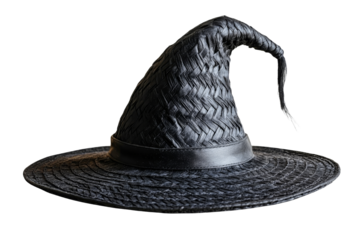 Black woven witch hat with wide brim and pointed top