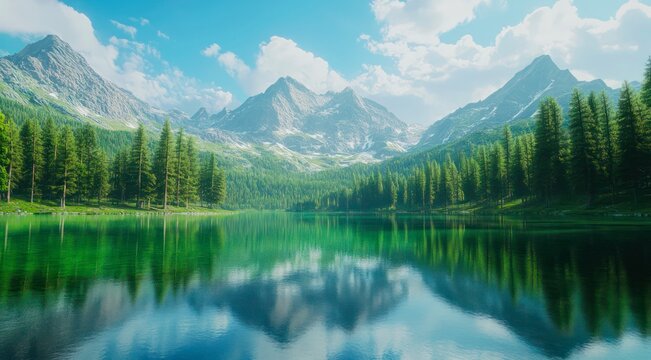 Clear lake in the forest and snow-capped mountains in the background. - Powered by Adobe