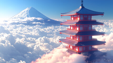 A serene landscape featuring a traditional pagoda above the clouds, with Mount Fuji towering majestically in the background.