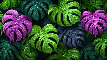 A vibrant arrangement of green and purple leaves, showcasing unique textures and shapes, creating a lush, tropical atmosphere.