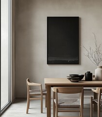 A photo of an empty black frame on the wall above a modern dining table, with natural light and neutral colors. 