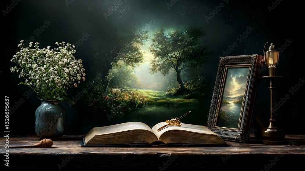 Poster Captivating Art Gallery Revealed within an Open Book s Pages Where Famous Paintings Come to Life and Extend Beyond the Frames Showcasing a Masterful Blend of Creativity and Imagination